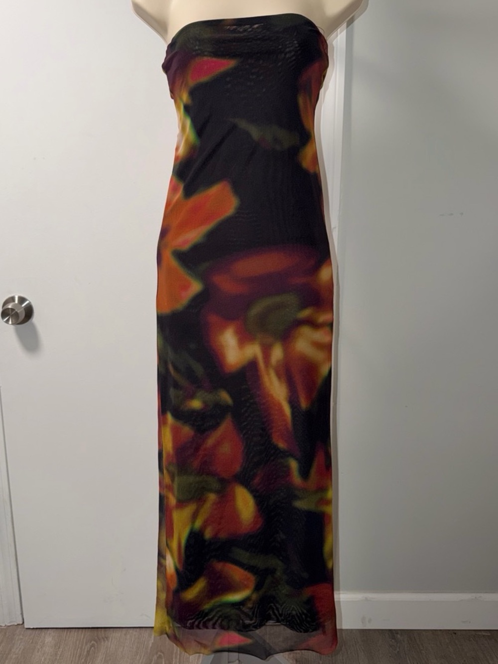 Zara Strapless Black Floral Maxi Dress with Orange and Yellow Accents